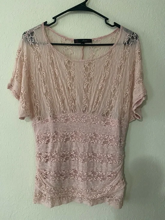 HeartSoul Y2K Darling Blush Pink Lace Short Sleeve Blouse - Picture 2 of 14